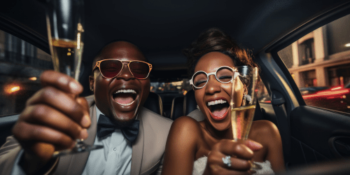 Wedding Limo Couple with Champagne